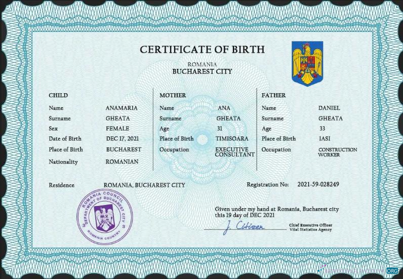 Download Romania vital record birth certificate PSD template Photoshop template